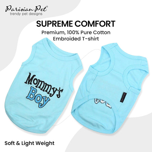 Parisian Pet Dog T-Shirt with Embroidered 'Mommy’s Boy' Words - 100% Cotton Boy Dog Clothes - Breathable Mamas Boy Dog Shirt - Machine Washable Dog Shirts for Small Dogs, S
