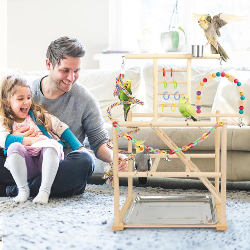 3 Bird Playground, Parrots Playstand for Small to Medium Birds, Perch Stand with Ladders Playgym with Rope Perch