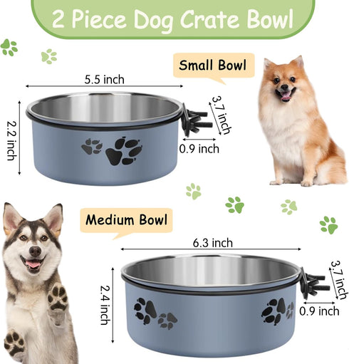 kathson 2 Pcs Dog Kennel Water Bowl, Stainless Steel Crate Water Bowl No Spill, Hanging Metal Pet Food Water Bowl Feeder for Cats Small Medium Dogs (Gray)