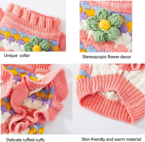 Small Dog Sweater - Knitted Tulip Cat Sweater, Warm Thick Holiday Clothes for Small Dog Girl, Cold Weather Outfit