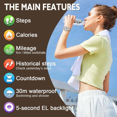 Women's Stylish Step Counter Pedometer Watch with Stainless Steel Bracelet, No App or Charging Needed - TU-2401