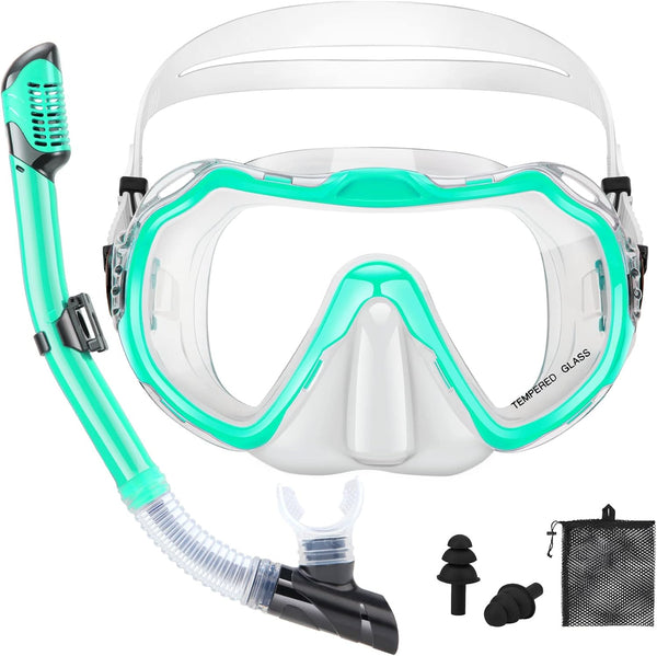 Snorkeling Gear for Adults - Anti-Fog Tempered Glass Lens Snorkel Set with Mesh Bag, Ear Plug for Scuba Diving