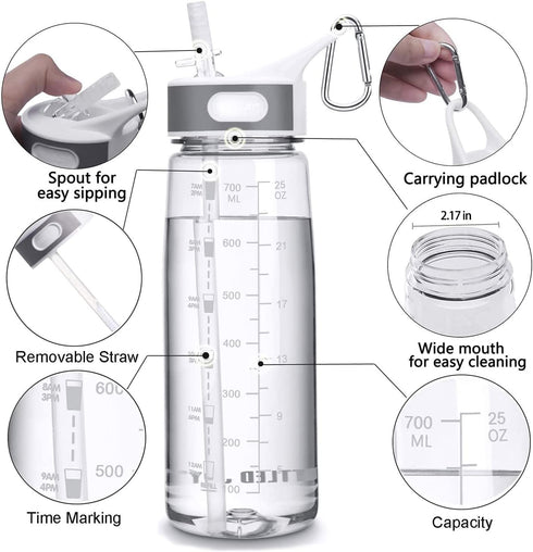 Sports Water Bottle with Straw & Handle, BPA-Free, 27oz Leakproof Bottle with Motivational Marker for Outdoor Activity