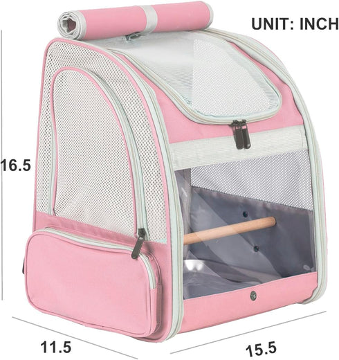 Bird Carrier Backpack with Wooden Stand Perch - Travel Carrier Backpack for Birds in Pink