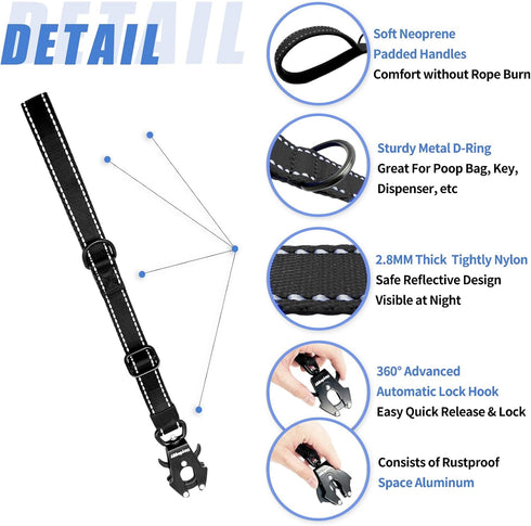 Strong Heavy Duty Dog Leash, Adjustable Short 15"-18", Reflective Nylon Training Leash for Large Medium Dogs