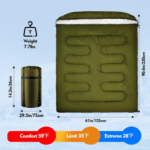XL Queen Size Double Sleeping Bag for Adults, Two Person Sleeping Bag for All Season Camping Hiking & Cold Weather