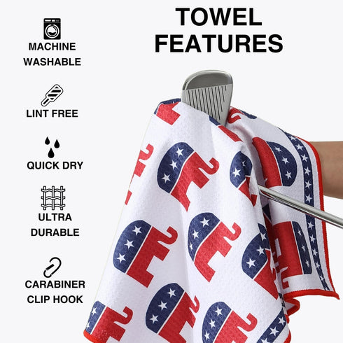 Republican Elephant Patriotic Golf Towel Set - Microfiber Waffle and Ball Towels with Clip for Women and Men