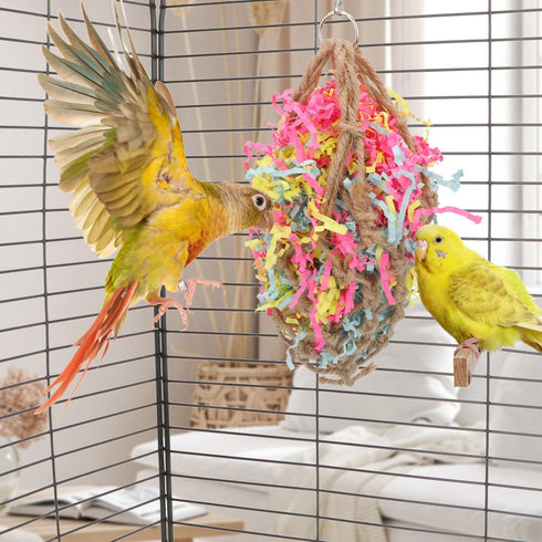 Bird Jute Paper Strips - Parrot Mesh Bag Hanging Chewing Toy for Parakeet Cockatiel Conure