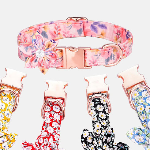 Dog Collar with Daisy Tie, 3 Patterns Soft & Comfy Flower Print Padded Pet Collars with Strong Metal Buckle for Boy and