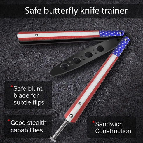 GOOD WORKER American Patriot Butterfly Trainer, Practice Balisong Knife with Dull Blade, USA Flag Design