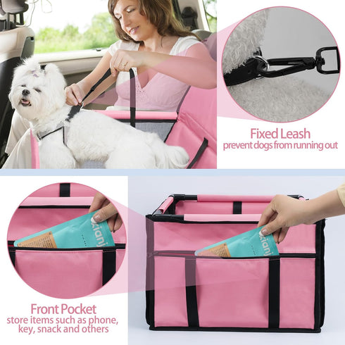 PetsHome Dog Car Seat, Upgrade Foldable Booster Seat with 12 PVC Tubes, Waterproof for Small to Medium Dogs (Pure Pink)