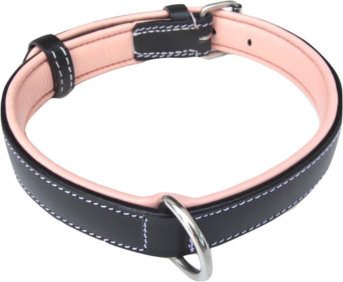 Leather Dog Collar with Comfort Padding, Slimline Edition - Large 1 Inch Wide, Two Toned Black and Light Pink