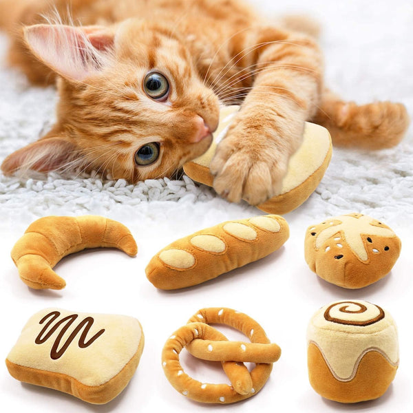 Bread Catnip Toys - Indoor Interactive Chew Bite Kick Toy Set, 6 Pack Plush Catmint Birthday Presents