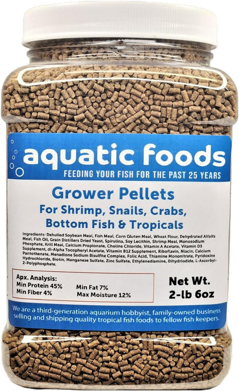 Aquatic Foods Inc. Shrimp Grower 45% Protein Sinking Pellets, 1/16" x 3/8" for Shrimp, Snails,