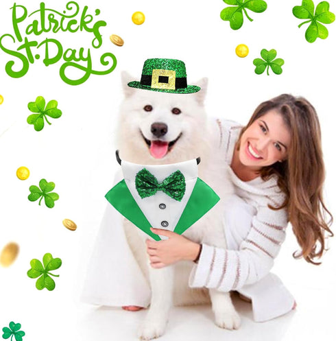 2 PCS St. Patrick's Day Dog Costume Bandana and Top Hat, Green Bow Tie Tux Clothes for Dogs and Cats (Large).