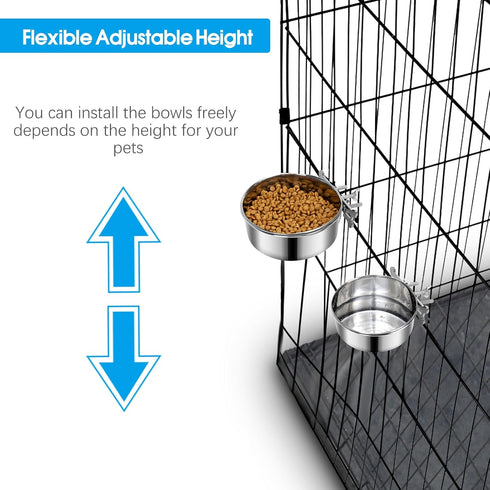 Dog Food Water Bowl for Cage, Stainless Steel Hanging Bowls, Non-Spill Detectable Crate Feeder for Dogs (Silver, XS)