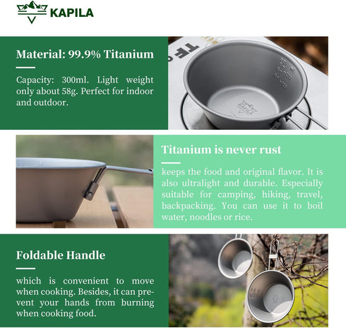 KAPILA 300ml Titanium Bowl with Folding Handle, Portable Camping Picnic Tableware