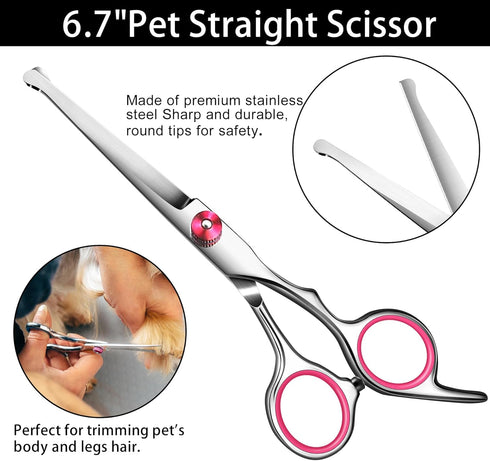 wikdey Dog Grooming Scissors with Safety Round Tip Pet Grooming scissors Kit Dog Shears kit Incudes Thinning Curved
