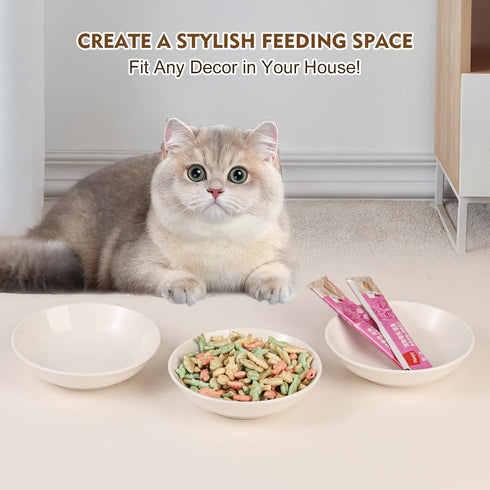 Ceramic Cat Food Bowl Set, Wide Shallow Bowls for Whisker Fatigue Relief, 6 Pack, 8.5 oz, 5.75 inch, White