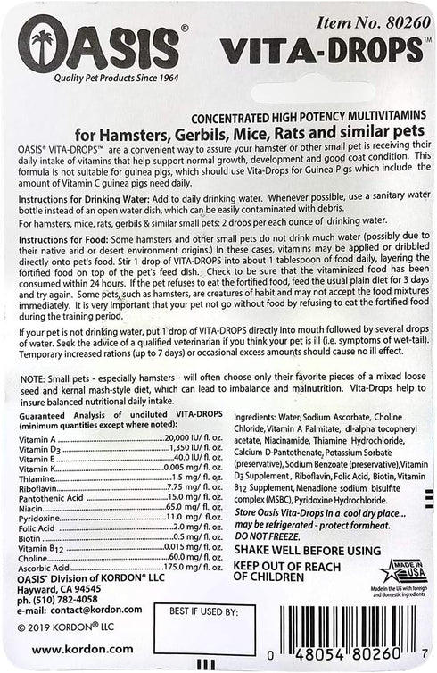 Oasis Hamster Vita-Drops, 2 oz, All-in-1 Multivitamins, Daily Vitamin Supplement, Orange Flavor
