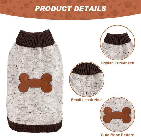 BINGPET Turtle Neck Knitted Dog Sweater for Small Medium Large Dogs with Brown Bone Pattern, Winter Wear