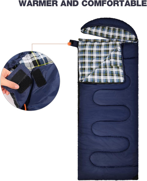 REDCAMP Flannel Sleeping Bag for Adults, Comfortable Cotton Camping Bag with Detachable Hood, Red/Grey/Blue