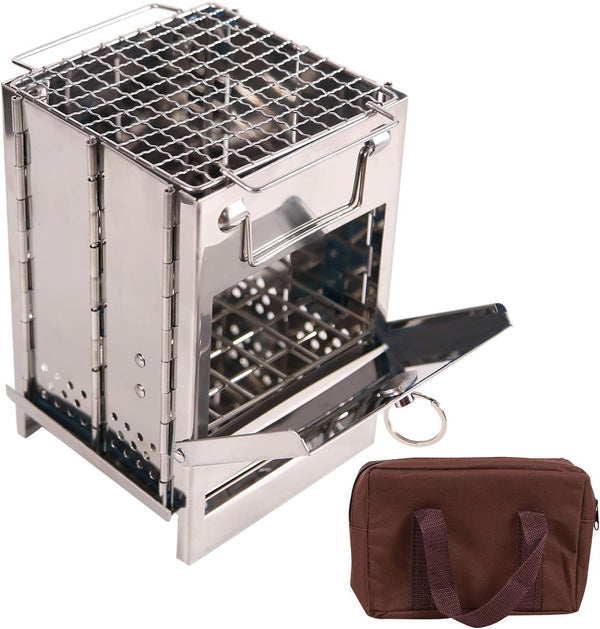 Portable Folding Camping Wood Stove, Lightweight Stainless Steel Wood Burning Camp Stove with Grill for BBQ