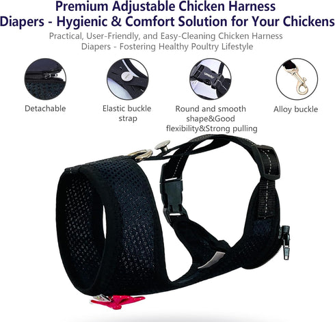 Chicken Harness Hen Size with 6ft Matching Leash - Adjustable, Comfortable, Breathable, Black for Chickens up to 6.6