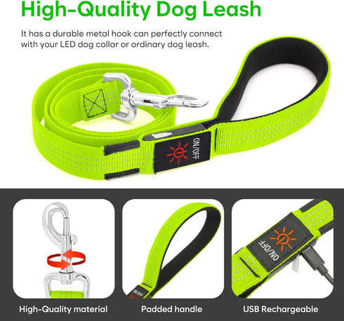 LED Light Up Dog Leash with 3 Lighting Modes, USB Rechargeable, High Visibility for Large Medium Small Pets
