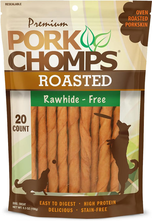 Pork Chomps Roasted Pork Skin Dog Chews, 5 Inch Mini Twists, 20