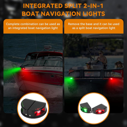 2-in-1 IP67 Boat Navigation Lights, Integrated Split Red and Green LED Bow Lights, Waterproof Navigation Lights Boat