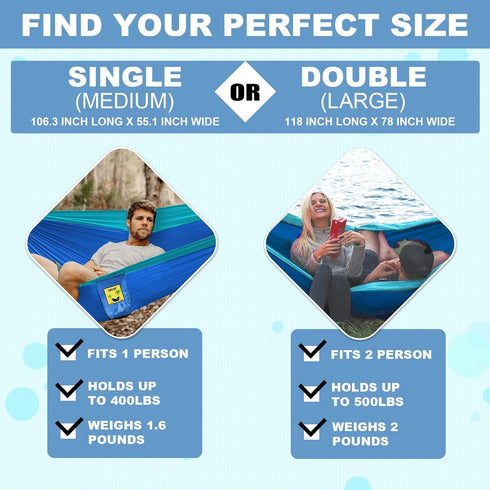SZHLUX Camping Hammock Double & Single Portable Hammocks with 2 Tree Straps, Great for Hiking,Backpacking,Hunting,Outdoor,Beach,Camping,Dark Blue / Sky Blue by SZHLUX