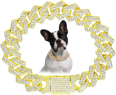 Gold Chain Dog Collar, Bling Diamond Cuban Link, Rhinestone Glitter Necklace for Small Medium Large Dogs Cats, 10-Inch