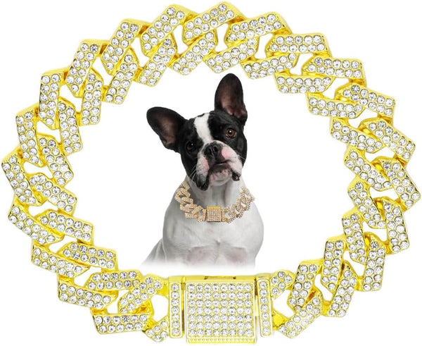 Gold Chain Dog Collar, Bling Diamond Cuban Link, Rhinestone Glitter Necklace for Small Medium Large Dogs Cats, 10-Inch