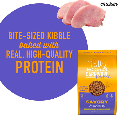 Tiki Dog Born Carnivore Savory Chicken, Peas & Lentils Recipe, Grain Free Baked Kibble for Adult Dogs, 3.5 lbs