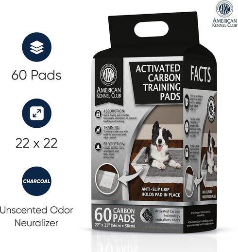 American Kennel Club Charcoal Puppy Training Pads, with Anti-slip Adhesive Backing, Quick Dry Gel and Activated Carbon Odor Control - 22 x 22 - 60 count