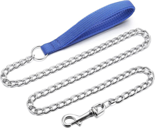 Chrome Plated Chain Dog Leash with Soft Padded Handle for Small Dogs (S, Blue Handle)