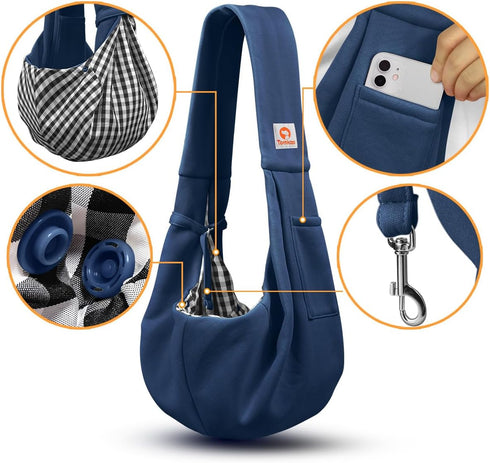 3-10 lbs Tomkas Small Dog Sling Carrier - Zipper Pocket & Adjustable Strap & Zip Pocket - for Pets (Dark Blue, M