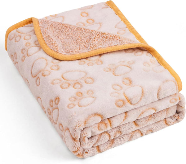 Stuffed Premium Soft Dog Blanket with Flannel, Beige Cute Paw Print, 24 x 32 inches, Puppy Supplies