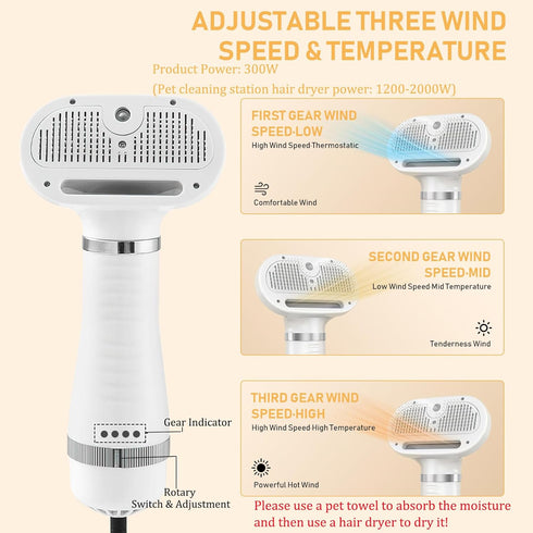 Pet Hair Dryer and Spray Cat Brush, 4 in 1 Steam Comb & Dog Blow Dryer with Water Tank, 3 Heat Settings