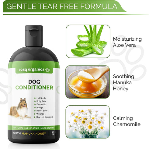 Hypoallergenic Dog Coat Conditioner- Detangles & Softens Fur, Calms Itching & Dryness, Organic Aloe Vera & Manuka Honey