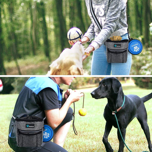 PetAmi Dog Treat Pouch, Training Bag Holder for Kibbles, Pet Food Toy, Poop Bag Dispenser (Black Stripes)