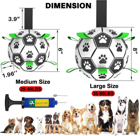 Dog Soccer Ball Toys with Straps - 8 Inch Large Herding Ball for Tug of War, Birthday Gifts, Water Toy for Medium Large