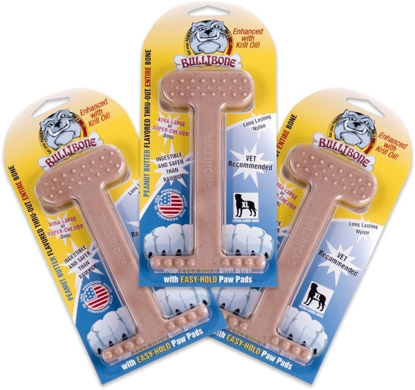 Bullibone XL Nylon Dog Chew Toy - 3 Pack Peanut Butter Flavor, Improves Dental Hygiene, Easy Grip