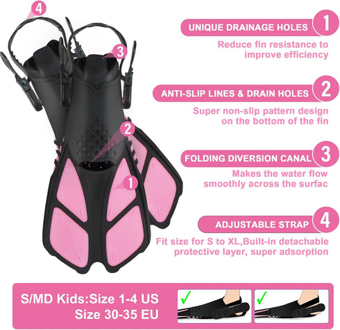 Kids Snorkeling Set, Adjustable Swimming Flippers, Panoramic Snorkel Mask, Dry Tube, Travel Bags for Ages 5-14