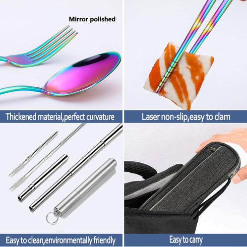 Hommaly Portable Travel Reusable Utensils, Camping Cutlery Set with Case, Stainless Steel Flatware, Rainbow