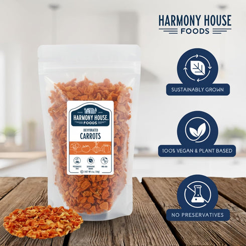 Backpacking, 4 Harmony House Foods Dehydrated Diced Carrots - Air Dried Vegetables for Soup and Cooked Dishes, Great