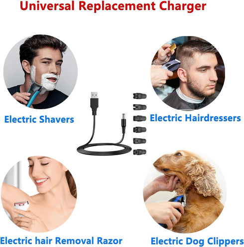 Universal Replacement Charger USB for Various Brands Electric Hairdressers/Electric Dog Clippers/Electric Shavers/Hair Clippers/Razor, Compatible Voltage 3.7V - 5V with 6 Adapter Plug
