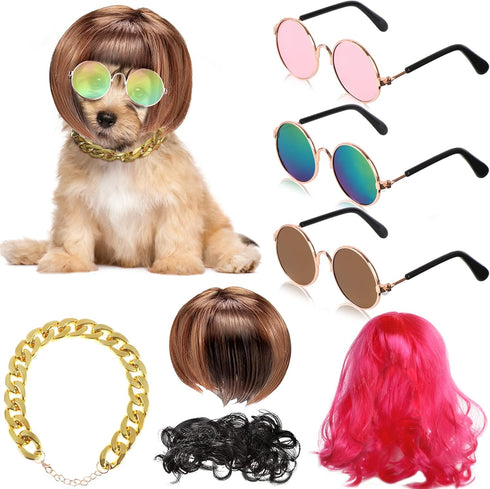 3 Pieces Dog Cosplay Wig, Cat Wigs, Classic Funny Pet Accessories Include 3 Pieces Retro Pet Round Sunglasses and 1