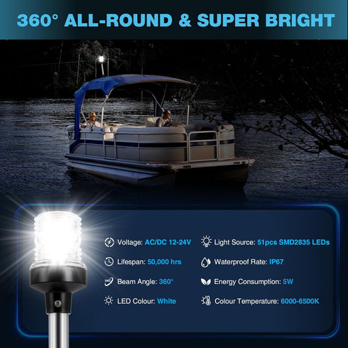 18 Inches IP67, (12-24V) Anchor Light Boat Stern Light Waterproof White Fold Down Marine Navigation Lights for Boats